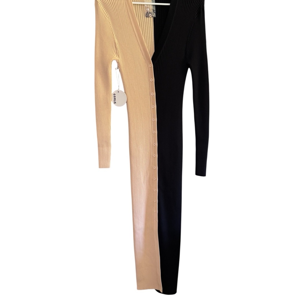 STAUD Two-Tone Black and Beige Ribbed Button-Front Long Sleeve Dress - Picture 2 of 2